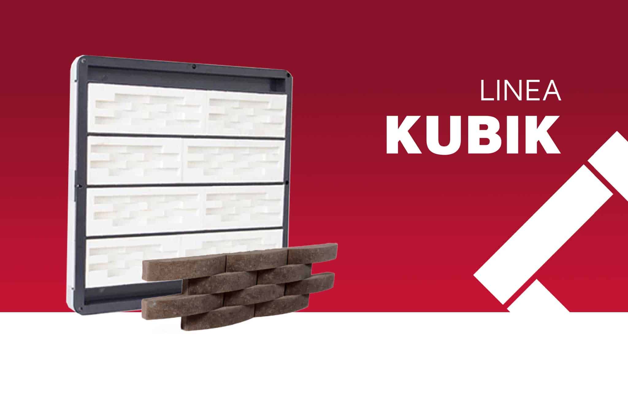 Molde de la Línea Kubik junto a una pieza de cerámica terminada en color marrón con textura de ladrillo entrelazado.