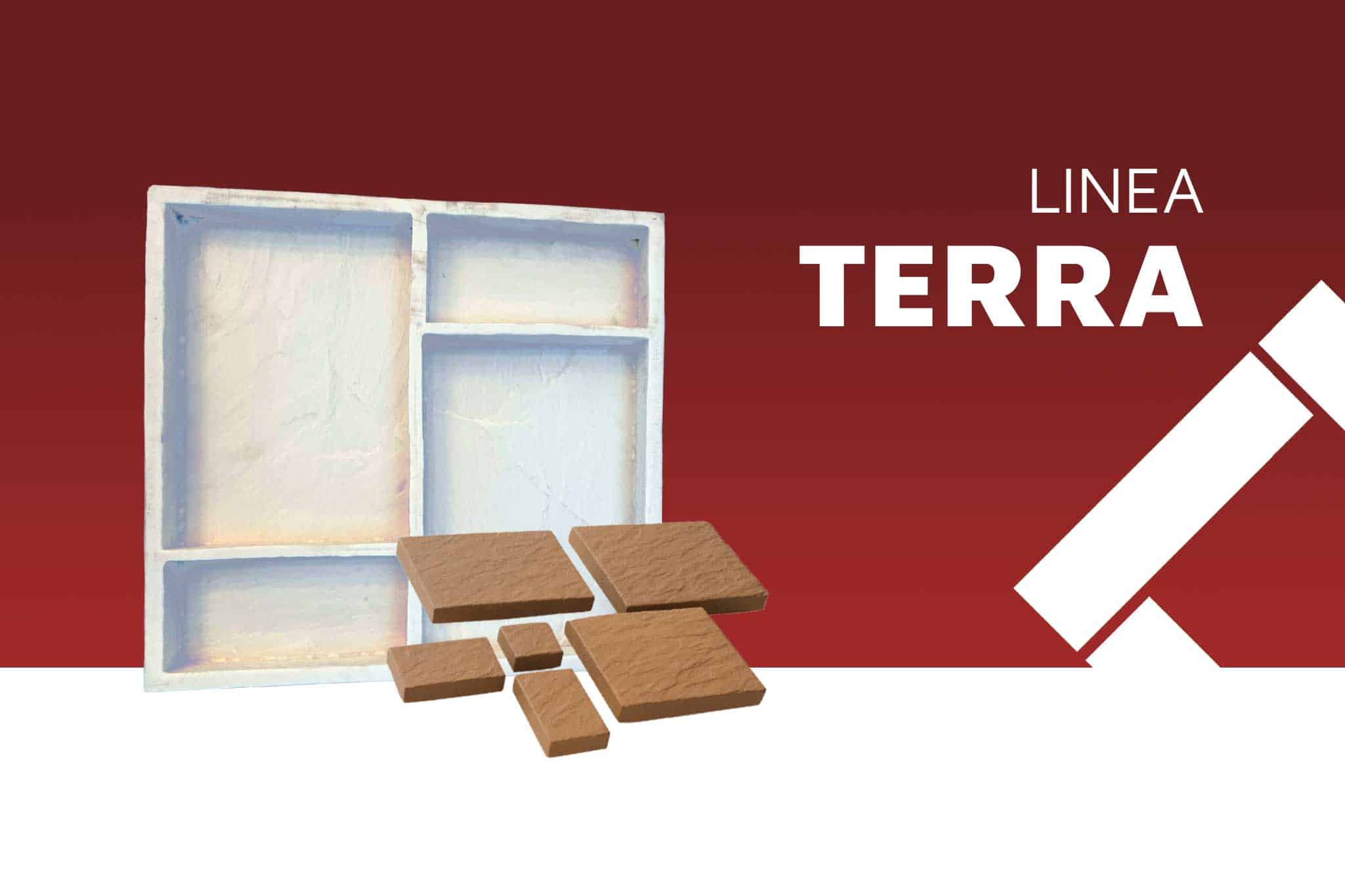 Imagen promocional que muestra un molde industrial blanco con múltiples compartimentos cuadrados de diferentes tamaños para adoquines o losetas de la Línea Terra. Delante, hay un conjunto de adoquines terminados de color terracota que se ajustan al diseño del molde. El fondo es un degradado de color marrón rojizo con el texto "LINEA TERRA" en blanco y un logotipo gráfico estilizado a la derecha.