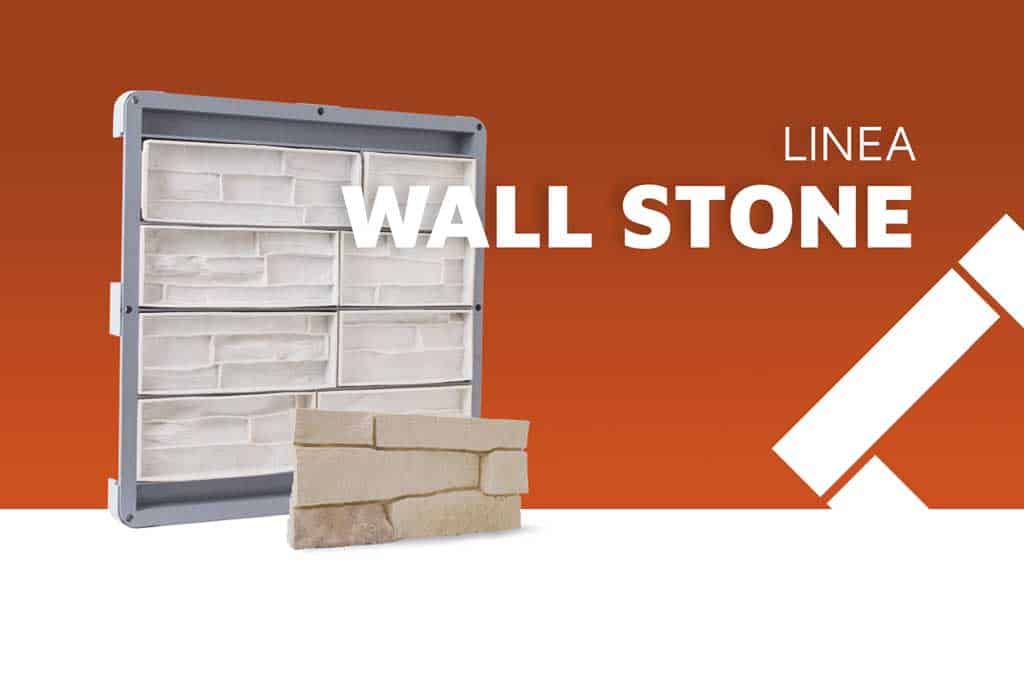 Imagen promocional que muestra un molde industrial gris para paneles de revestimiento de pared de la Línea Wall Stone. El molde tiene múltiples compartimentos con texturas de piedra. Delante, hay una pieza de panel de pared terminada en color piedra natural clara, que reproduce el diseño del molde. El fondo es marrón rojizo con el texto "LINEA WALL STONE" en blanco y un logotipo gráfico estilizado a la derecha.